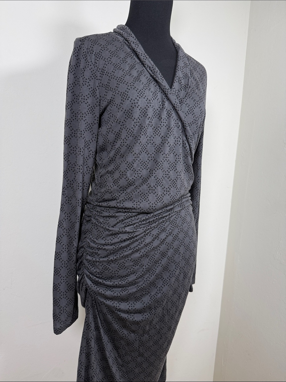 BODEN Gray Black Polkadot Long-Sleeve Faux Wrap Dress 8R - Picture 3 of 6